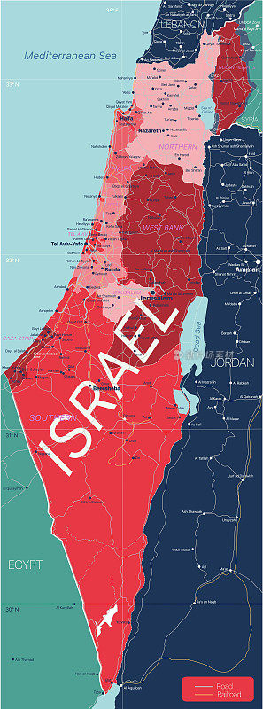 以色列国家详细的可编辑地图
