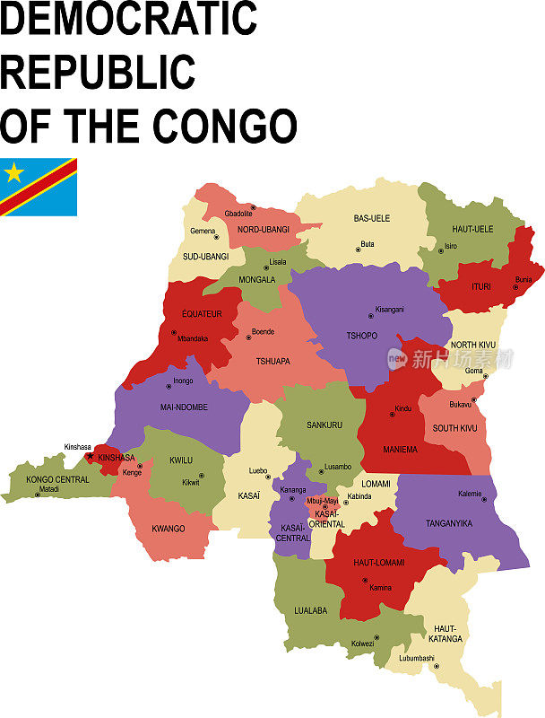 刚果民主共和国彩色平面地图与旗帜