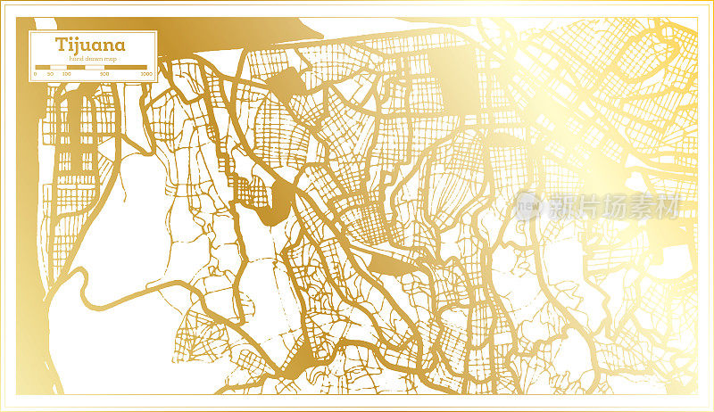 金色复古风格的蒂华纳墨西哥城地图。略图。