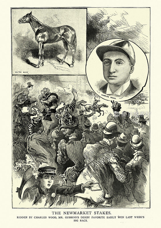 查尔斯·莫尔骑着高尔提·莫尔赢得纽马克特赛马，维多利亚时代，19世纪