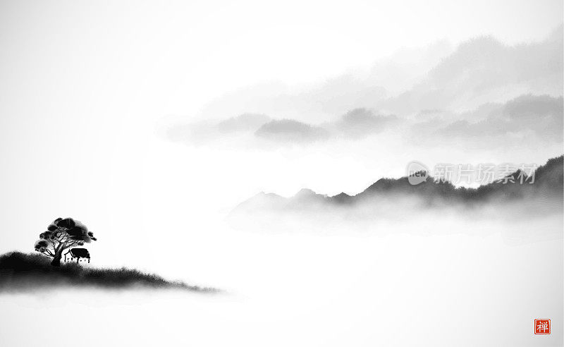 景观与雾林山。传统的东方水墨画粟娥、月仙、围棋。象形文字——禅