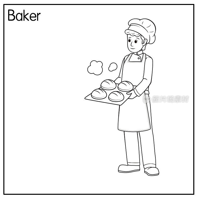 面包师的矢量图孤立在白色背景上。工作和职业概念。卡通人物。教育和学校的孩子涂色页，打印，活动，工作表，抽认卡。