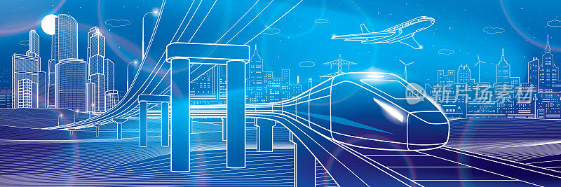 概述公路桥。汽车天桥。火车。飞机飞行。现代的城市。城市基础设施和交通图解。城市场景。矢量设计艺术。蓝色霓虹灯背景上的白线