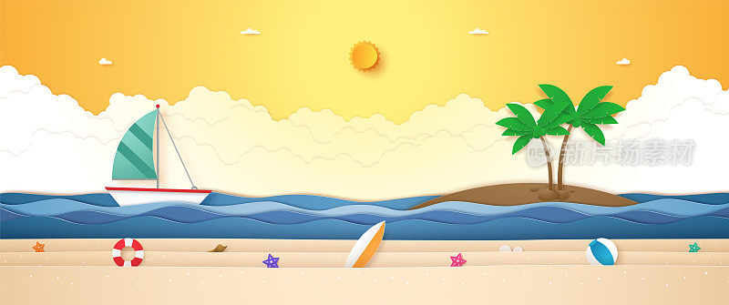 纸艺风格的作品有在波涛汹涌的大海上航行的小船、岛上的椰子树、阳光灿烂的夏日天空下沙滩上的夏日物品