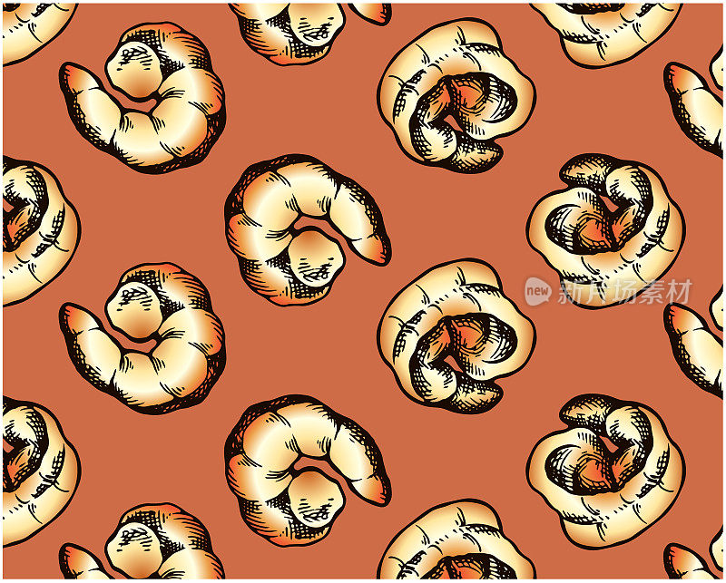 素描图案的彩色烤虾孤立在橙色的背景。线条艺术手绘虾墙纸。