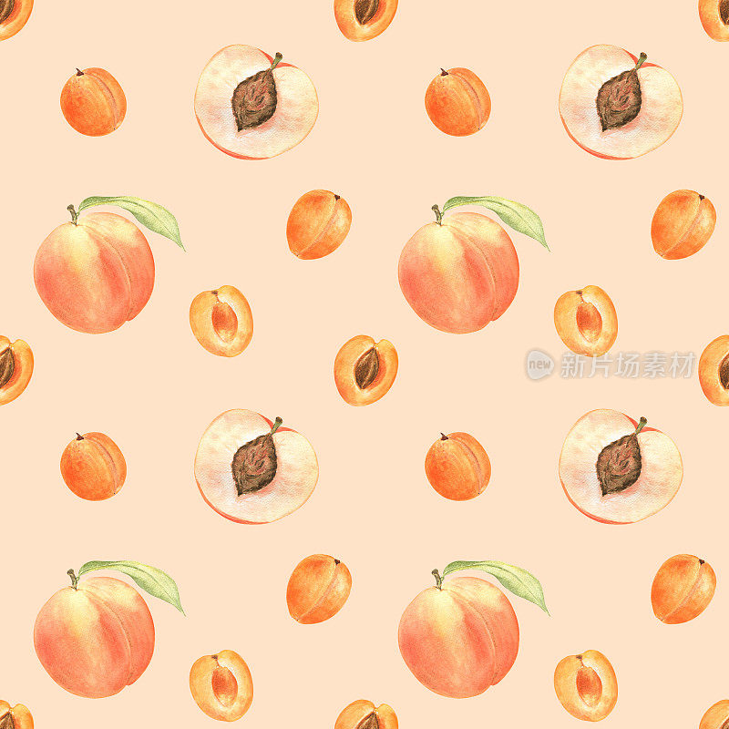 桃子和杏的无缝图案在浅橙色的背景。水彩手绘元素。