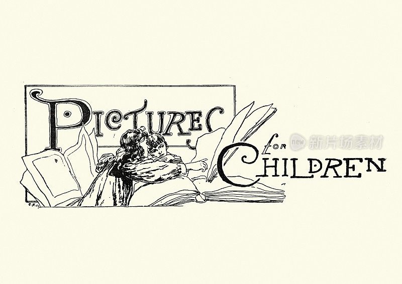 经典插图标题，儿童图片，男孩和女孩读书，维多利亚，19世纪