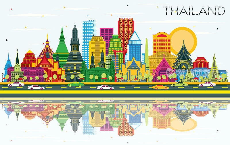 泰国城市天际线与彩色建筑，蓝天和倒影。