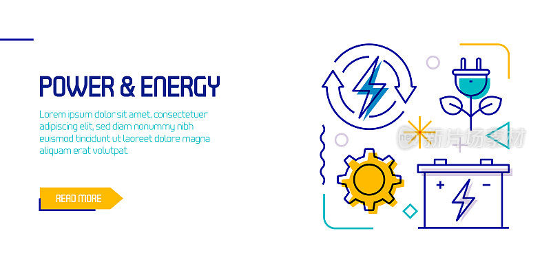 电力和能源相关的设计元素。带有轮廓图标的图案设计。色彩斑斓的矢量图