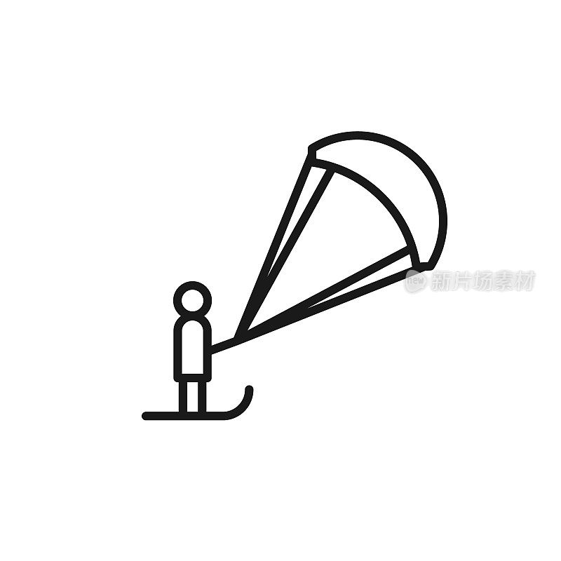 孤立的黑色线图标的雪风筝在白色的背景。轮廓雪风筝图标。标志平面设计。冬季极限运动。