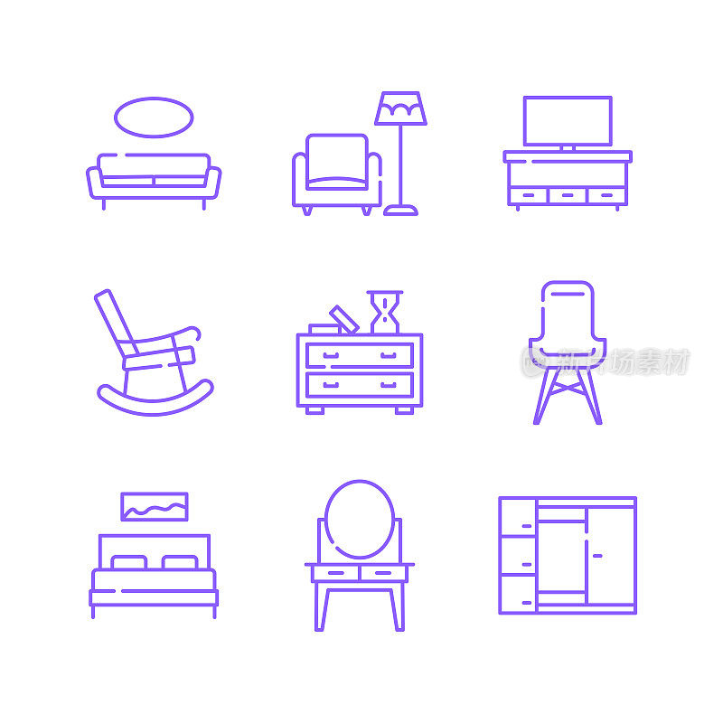 家具相关的线条图标集。轮廓符号集合，可编辑的描边
