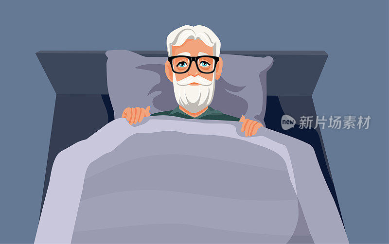 失眠症老人坐在床上矢量插图