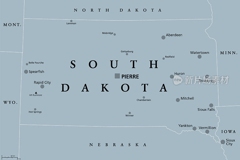 南达科他州，SD，灰色政治地图，美国州，拉什莫尔山州