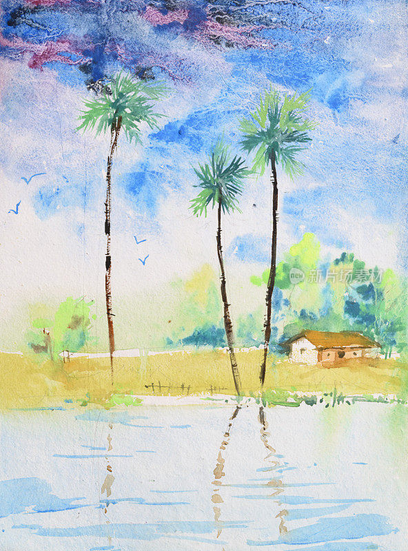明亮的印度乡村水彩画，插图
