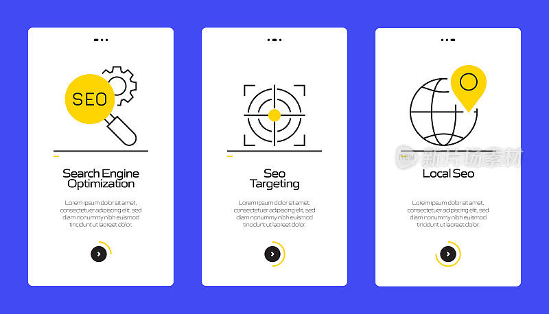 搜索引擎优化概念Onboarding移动应用程序页面屏幕与平面图标。UI设计模板矢量插图