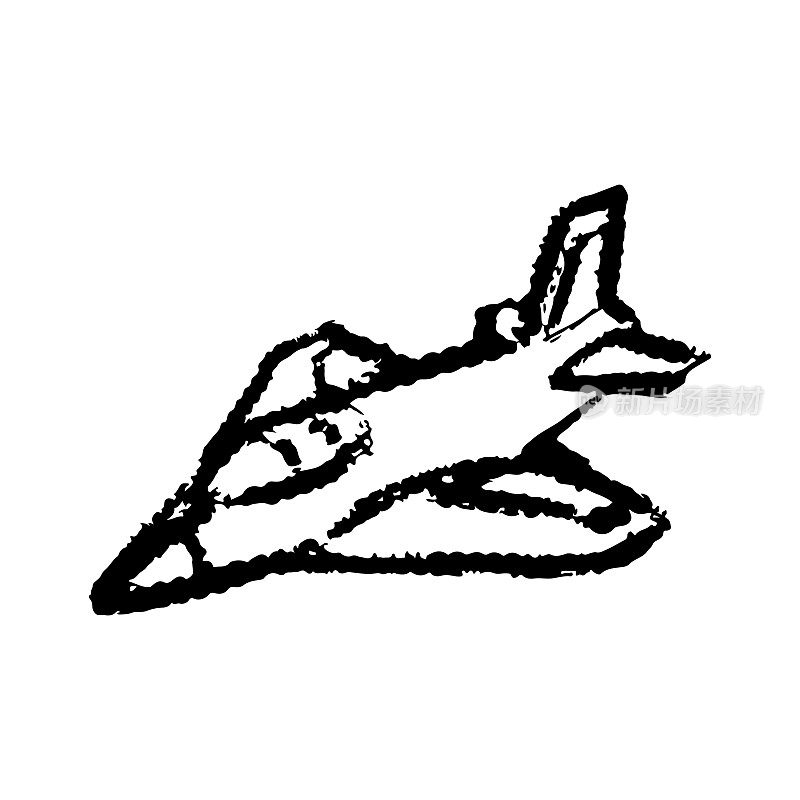 飞机战斗机图标。黑色轮廓线轮廓。矢量平面图形手绘插图。白色背景上的孤立对象。隔离。