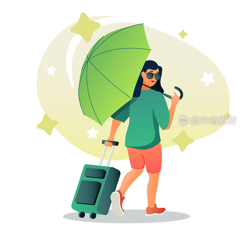 女人与伞和手提箱平面字符概念网页设计。年轻的女孩背着行李走，旅行的现代人现场。社交媒体宣传材料矢量插图。