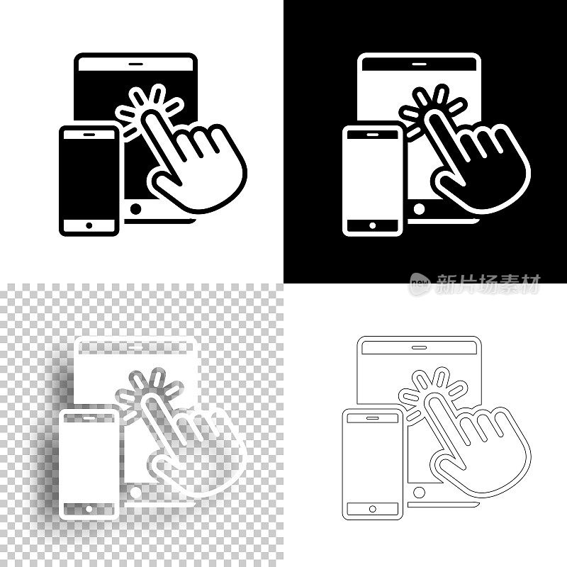手触控平板电脑和智能手机。图标设计。空白，白色和黑色背景-线图标