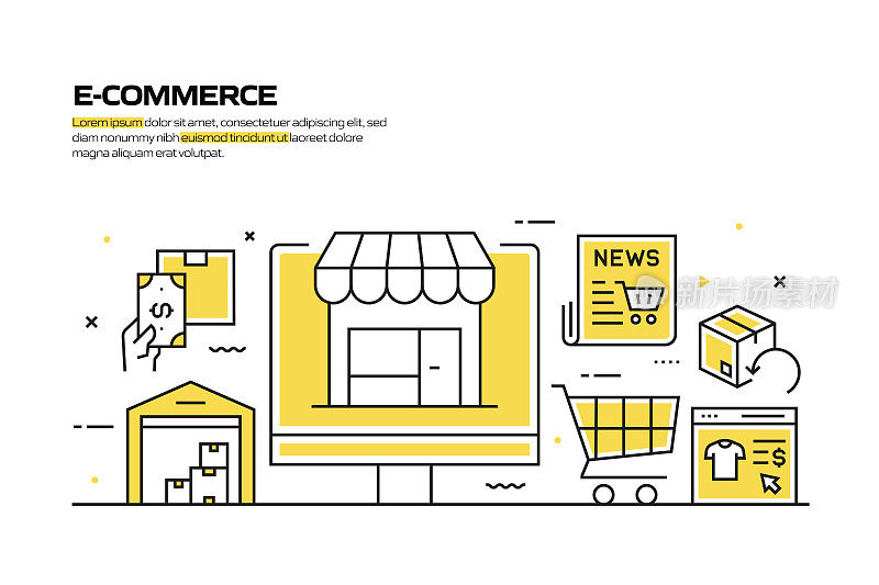 电子商务概念，线风格矢量插图