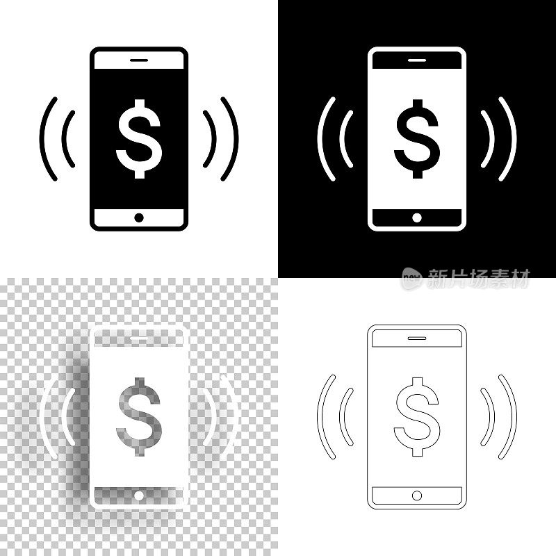 智能手机响起美元符号。图标设计。空白，白色和黑色背景-线图标