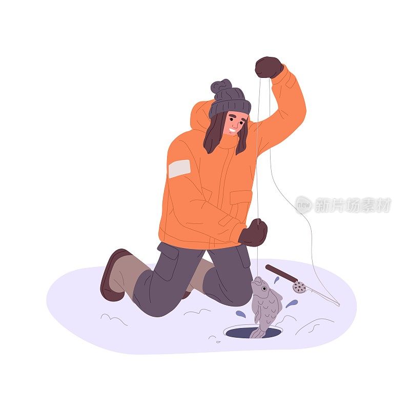 女渔夫在冰天雪地里钓鱼，在寒冷的天气里从冰湖的洞里拉鱼和抓鱼。快乐的女钓鱼者与竿。平面矢量插图孤立在白色背景