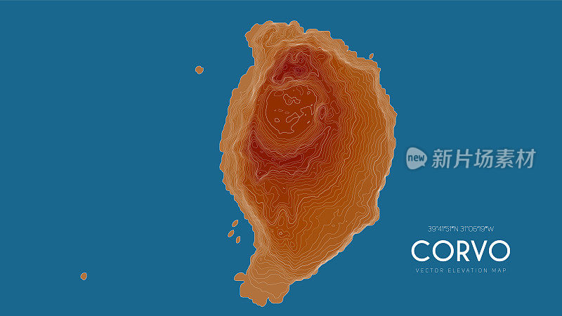 科沃，亚速尔群岛，葡萄牙的地形图。海岛矢量详细高程图。地理优美的山水轮廓海报。