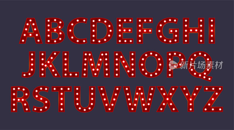 一套红色字母从英语字母发光灯泡。ABC矢量排版文字设计。海报的模板类型字体。