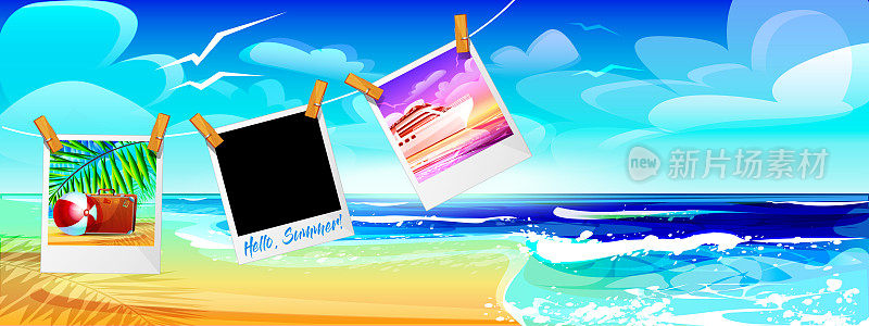 海上旅行和海滩度假的概念。夏季照片即时打印在卡通风格的背景上的海洋景观。