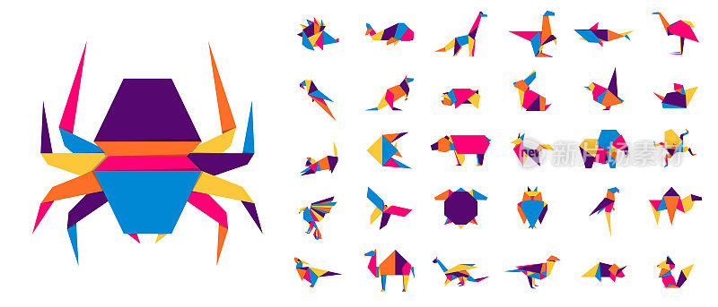 色彩斑斓的折纸动物。摘要多边形的动物。折叠纸的形状。矢量动物图标设置。折纸。一套折纸。矢量图