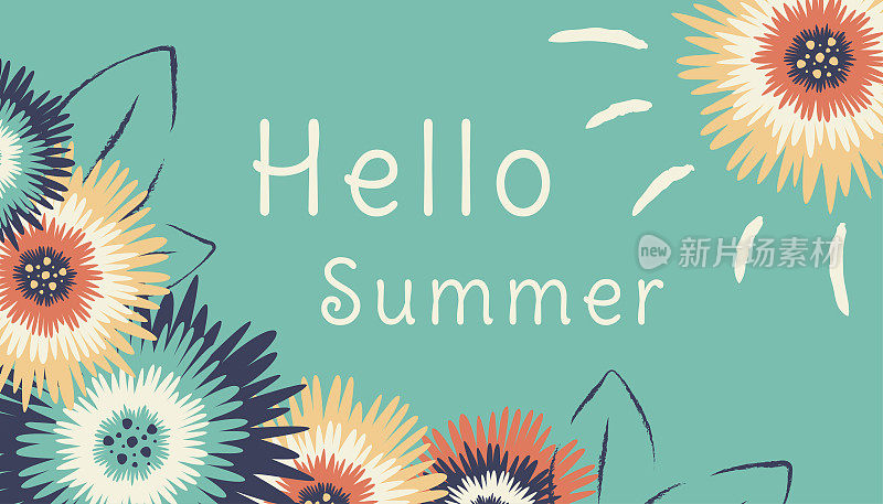 夏天的背景。美丽的贺卡彩色的花朵，天空，树叶，太阳和问候文字。自然的概念。向量模板横幅，卡片，海报