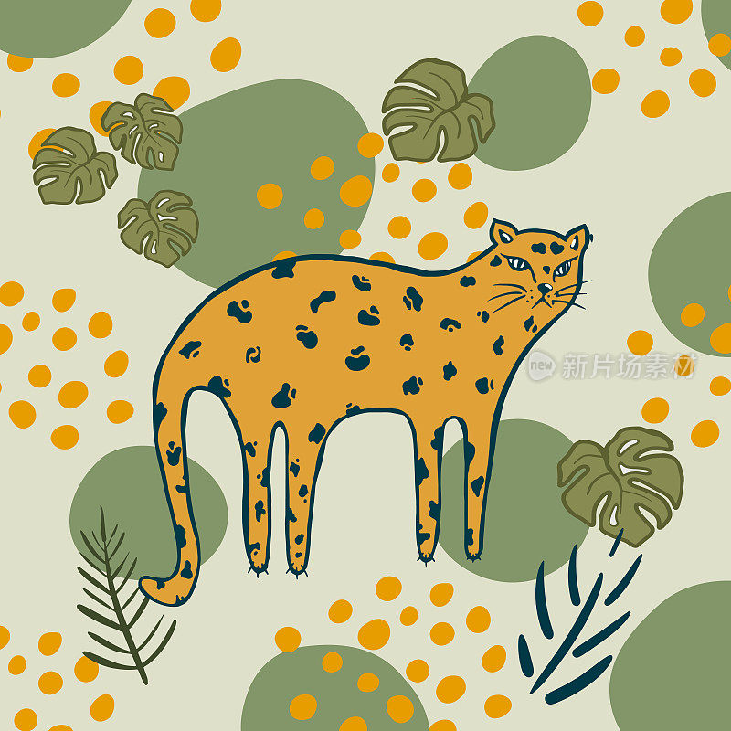 字符豹。手绘可爱的猫。孩子们的异国背景，野生美洲虎。有趣的动物海报，卡片。