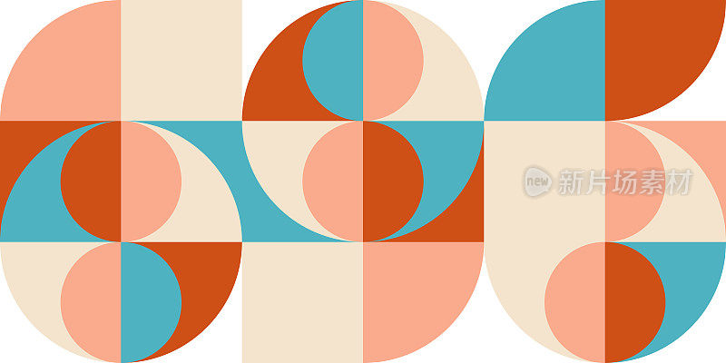 几何抽象矢量无缝图案与圆，矩形和正方形的复古包豪斯风格。粉彩简单形状图形背景。