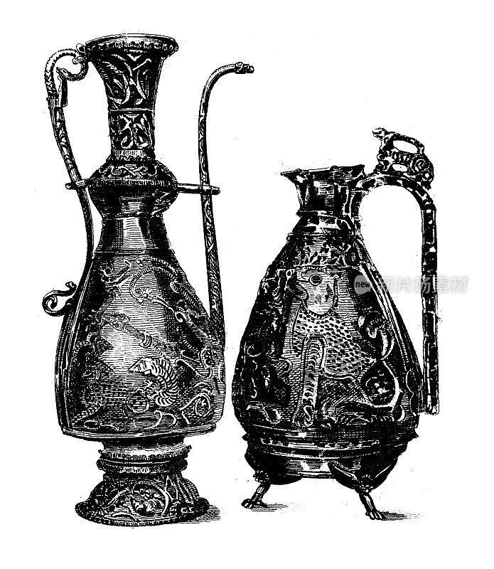 古董雕刻插图，文明:水晶酒或醋瓶，9世纪