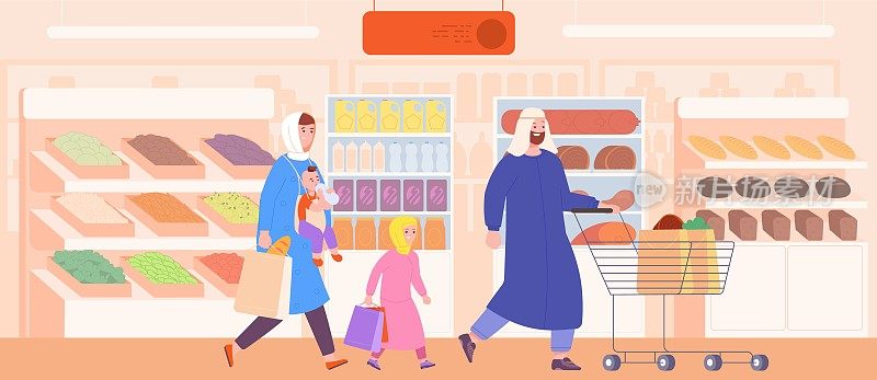 穆斯林家庭购物。沙特人与孩子拿着手推车在柜台商店，阿拉伯人在杂货店或迪拜购物中心美丽的阿拉伯父母和孩子，精彩的矢量插图