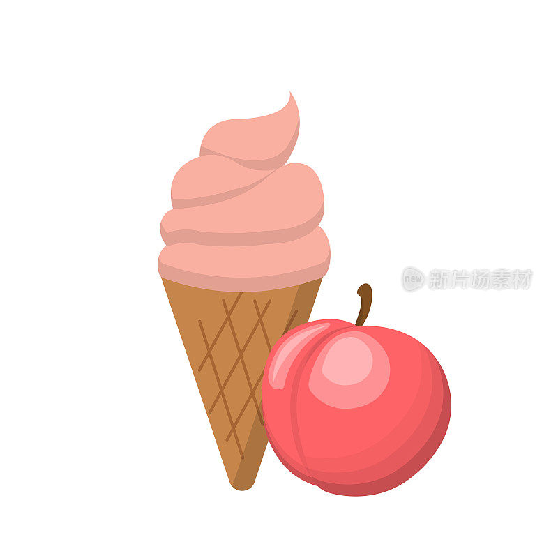 桃子冰淇淋与蛋筒的卡通漫画向量