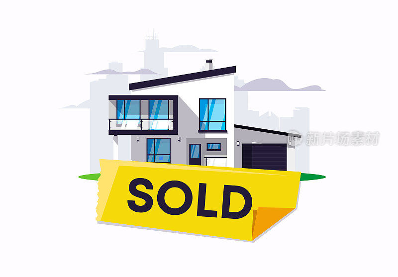 矢量插图郊区一栋两层楼的房子，贴着黄色贴纸出售、购买和投资房地产