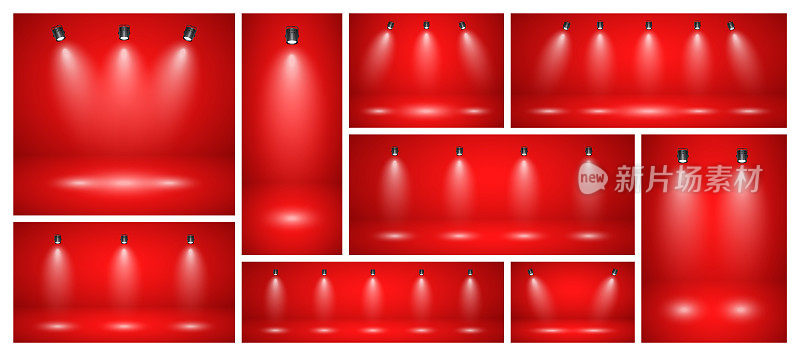 空的红色工作室抽象背景与聚光灯。产品展示背景与聚光灯效果。舞台灯光。矢量图