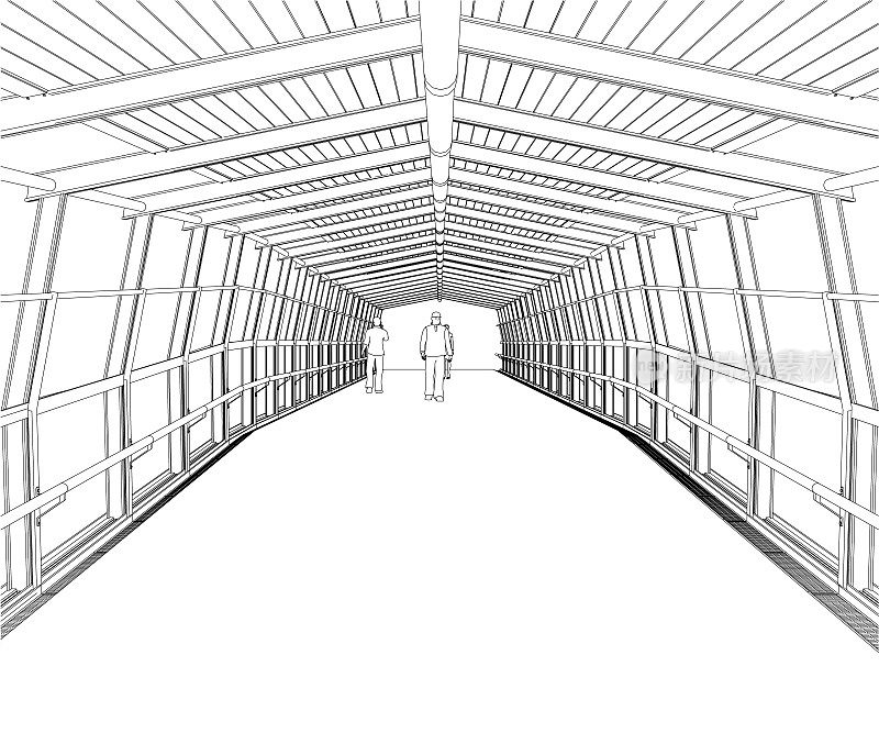 人行天桥的轮廓，有屋顶，行人从白色背景上的黑色线条中走出来。矢量插图。