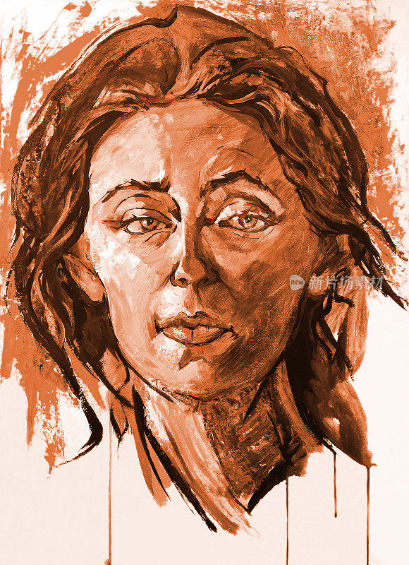 插图油画肖像的女人与黑色长发在深褐色色调
