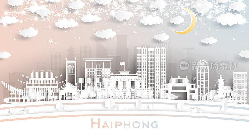 越南海防城市天际线剪纸风格与白色建筑，月亮和霓虹花环。