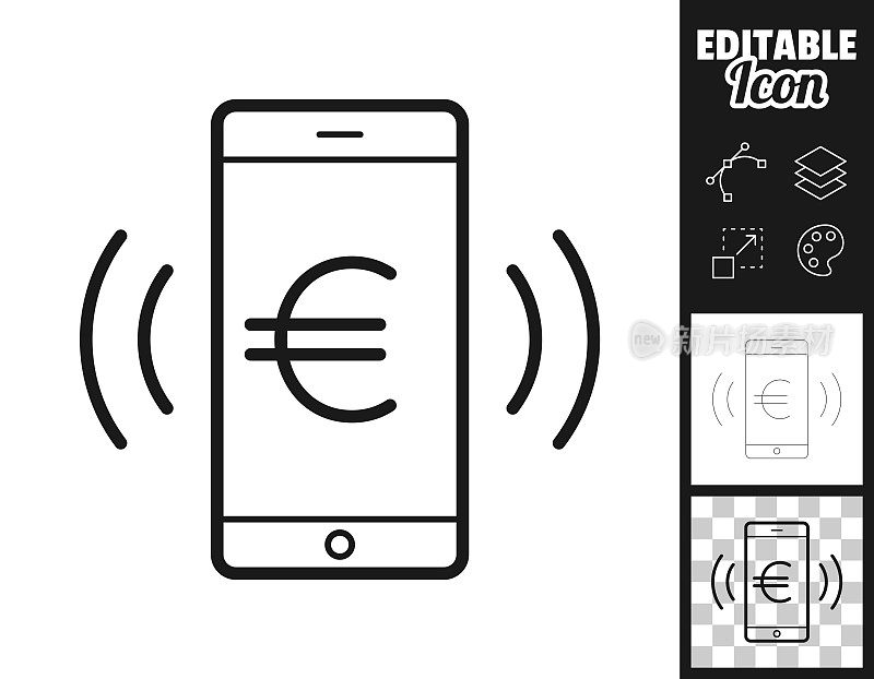 智能手机响，有欧元标志。图标设计。轻松地编辑