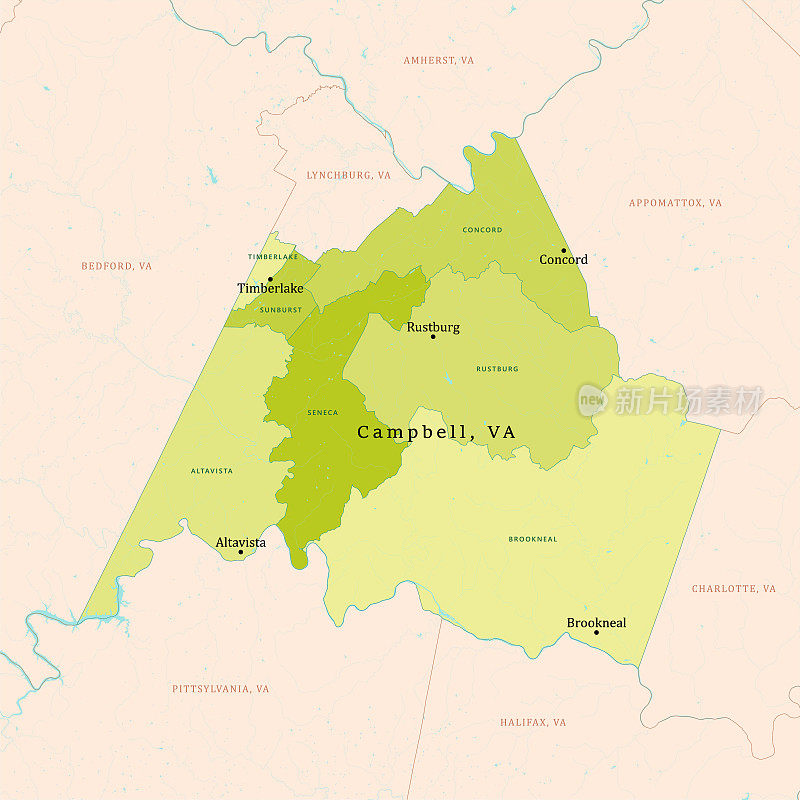 弗吉尼亚州坎贝尔县矢量地图绿色