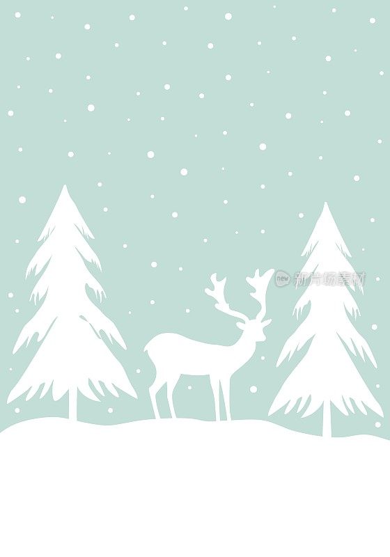 圣诞新年卡片与鹿松树的白色剪影在蓝天背景与飘落的雪。农家风格