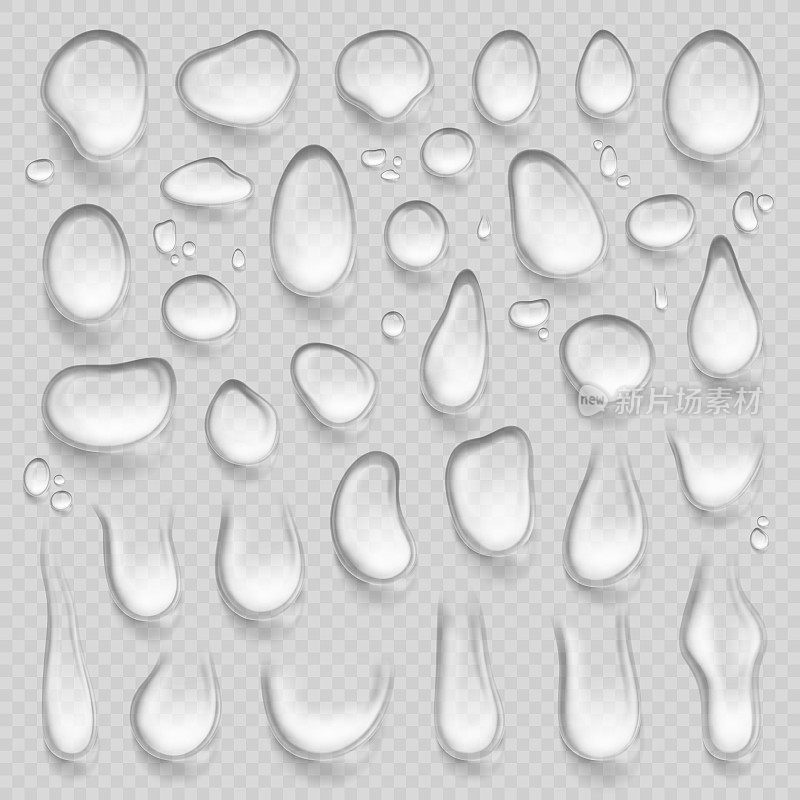 纯粹的雨滴写实集。冷水滴，透明滴。孤立的眼泪或水滴，雨的效果元素。凝结滴泡简洁的矢量元素