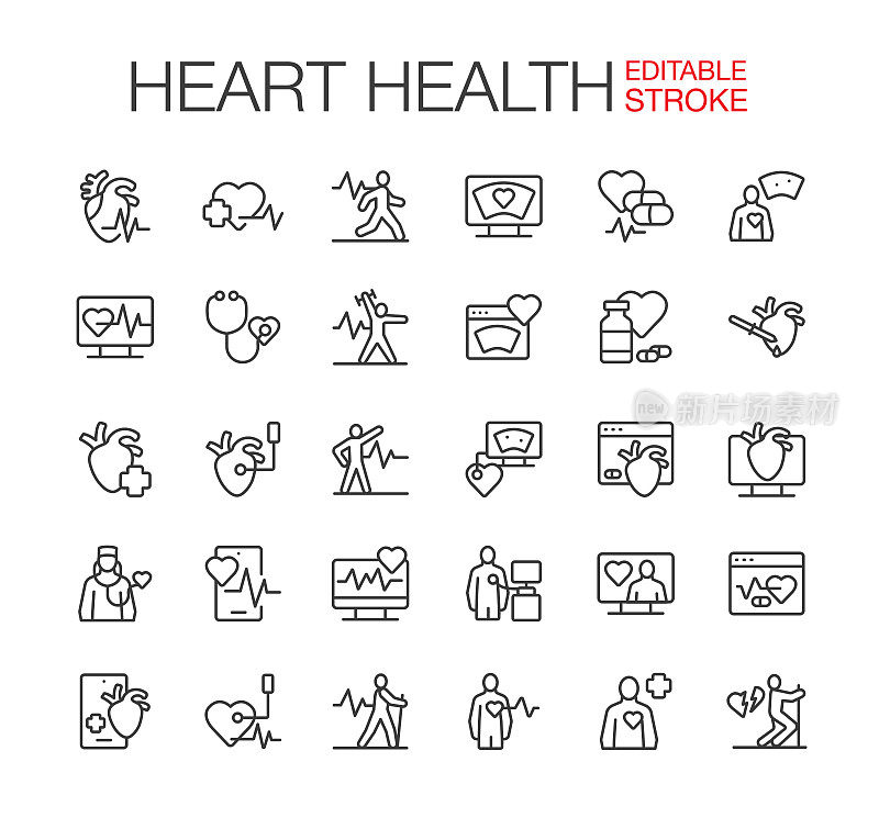 心脏病学、心脏健康线图标设置可编辑卒中