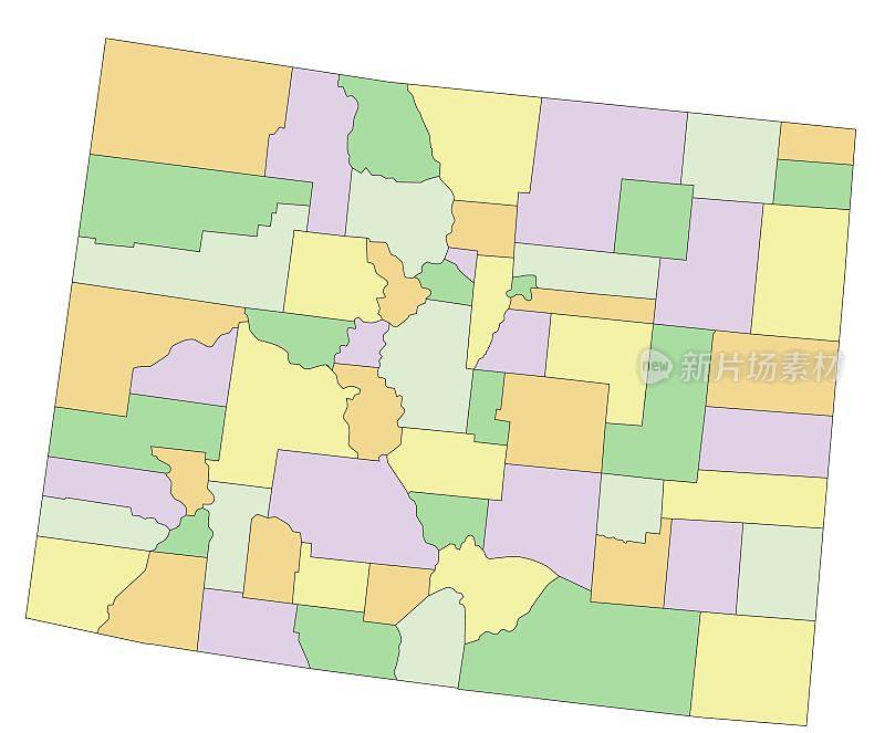 科罗拉多州-高度详细的可编辑的政治地图。