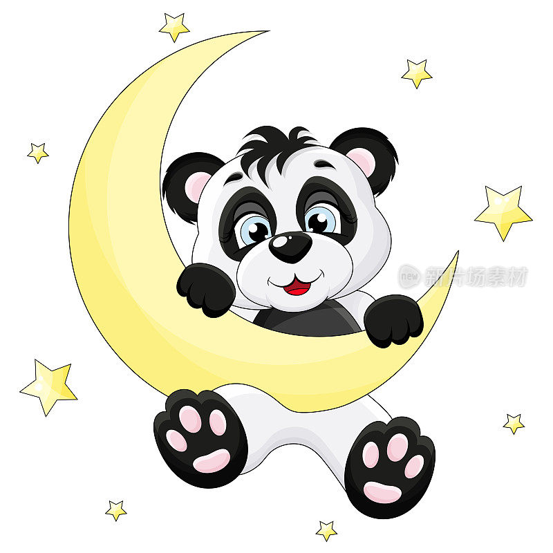 可爱的小熊猫滚下来，挂在月亮上，微笑着