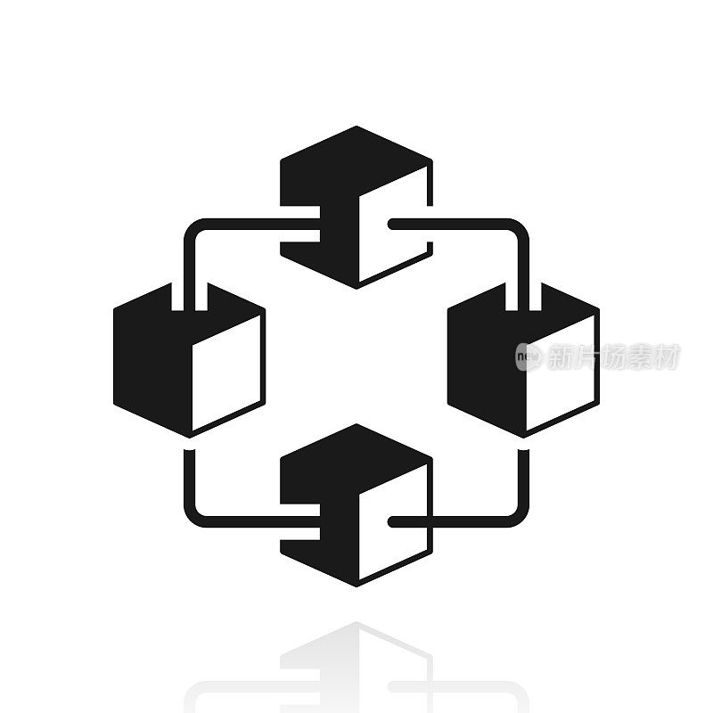 区块链技术。白色背景上反射的图标