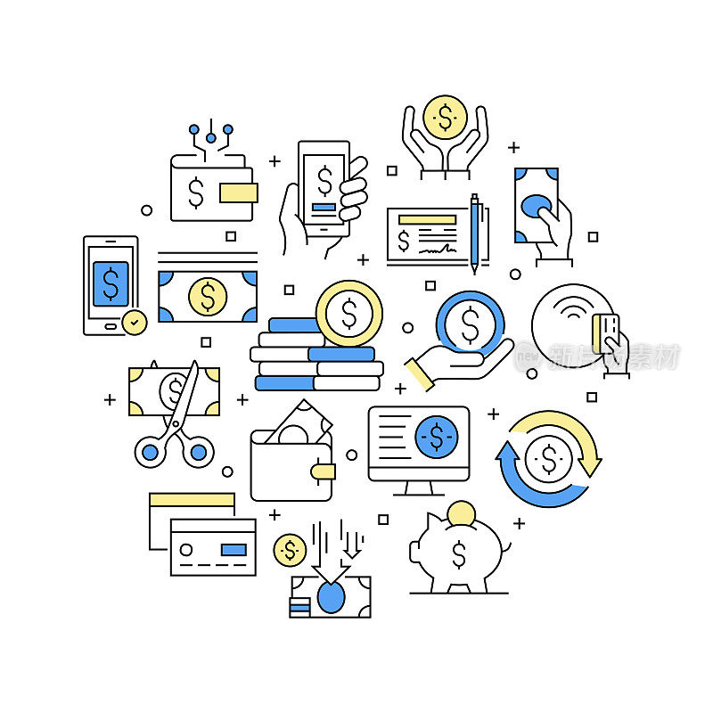 金钱和支付相关的矢量横幅设计概念，现代线条风格与图标