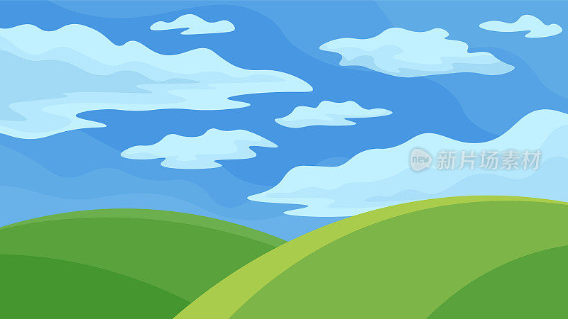 蓝色的天空上有明亮的绿色山丘，背景是云彩。